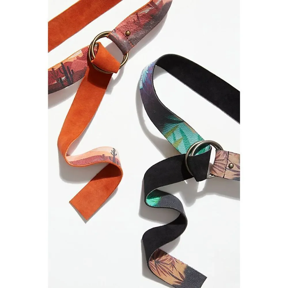 Free People Collection Story Teller Printed Leather Double Ring Wrap Belt